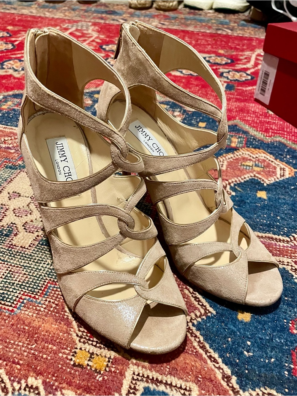 Jimmy Choo Nude / Gold Suede Strappy High-Heel Sandals 39 8.5